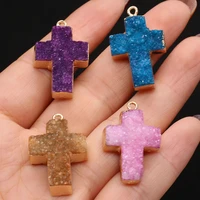 1pcs natural stone druzy crystal cross shape mixed colors yellow pink pendants for necklace earring jewelry making size 18x30mm