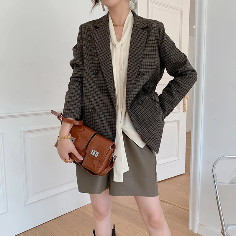 

[EAM] Women Plaid Split Joint Big Size Blazer New Lapel Long Sleeve Loose Fit Jacket Fashion Tide Spring Autumn 2021 1DC043