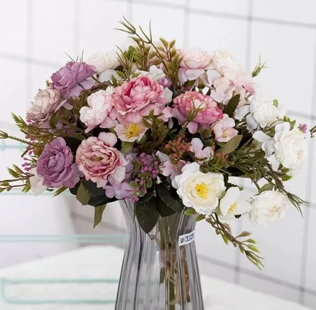 

Artificial Flowers Vintage Silk Peony Bouquet Retro Small Rose Bride Holding Fake Flower Home Wedding Decor Accessories Bouquet