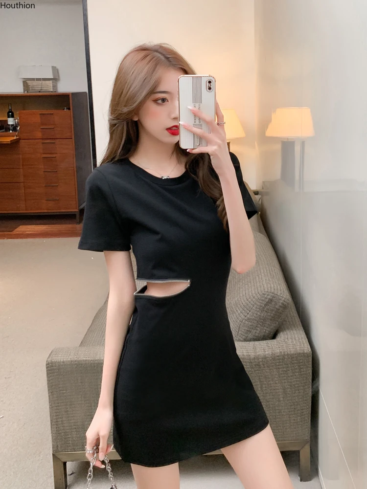 

Женское платье, модные повседневные платья, платье с коротким рукавом и О-образным вырезом, однотонное летнее тонкое мини-платье выше колен...