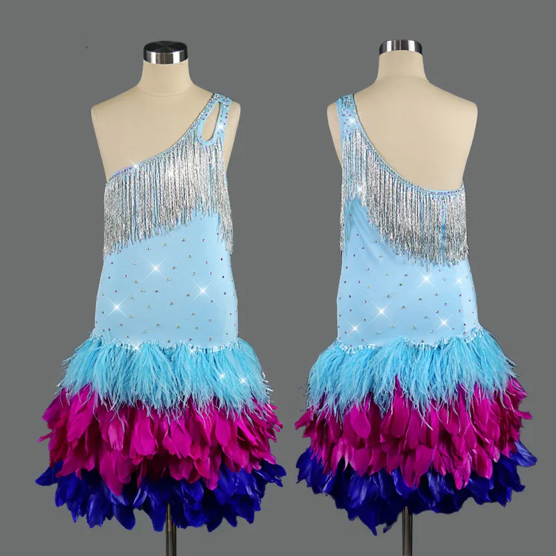 

Blue Feather Latin Dance Dresses For Women Shiny Rhinestone Lace Club Party Dancer Singer Entertainer Fringe Tassel Dress