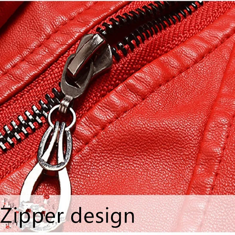 Модная женская осенне-зимняя кожаная куртка красного и черного цвета Изысканные