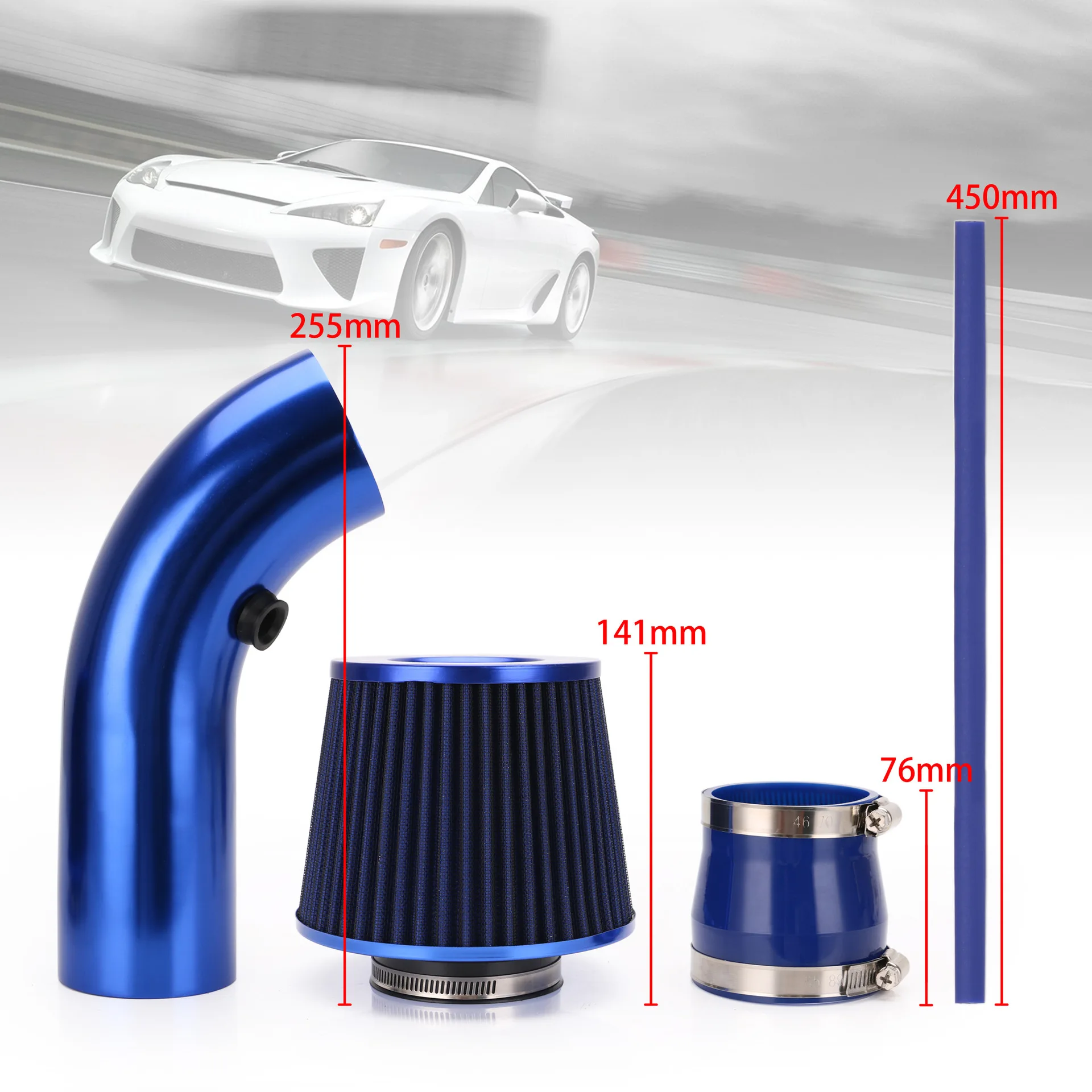 

Full Set 3" 76mm Car Cold Air Intake System Turbo Induction Pipe Tube Kit With Air Filter Cone High Flow Performace Racing DIY