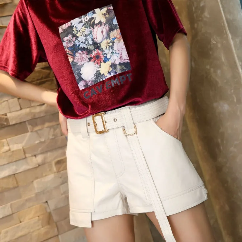 Sexy Women Mini Shorts Belted Slim Fit 100% Genuine Leather Wide Leg Shorts Moto Biker Natural Sheepskin ShortsColors Trousers