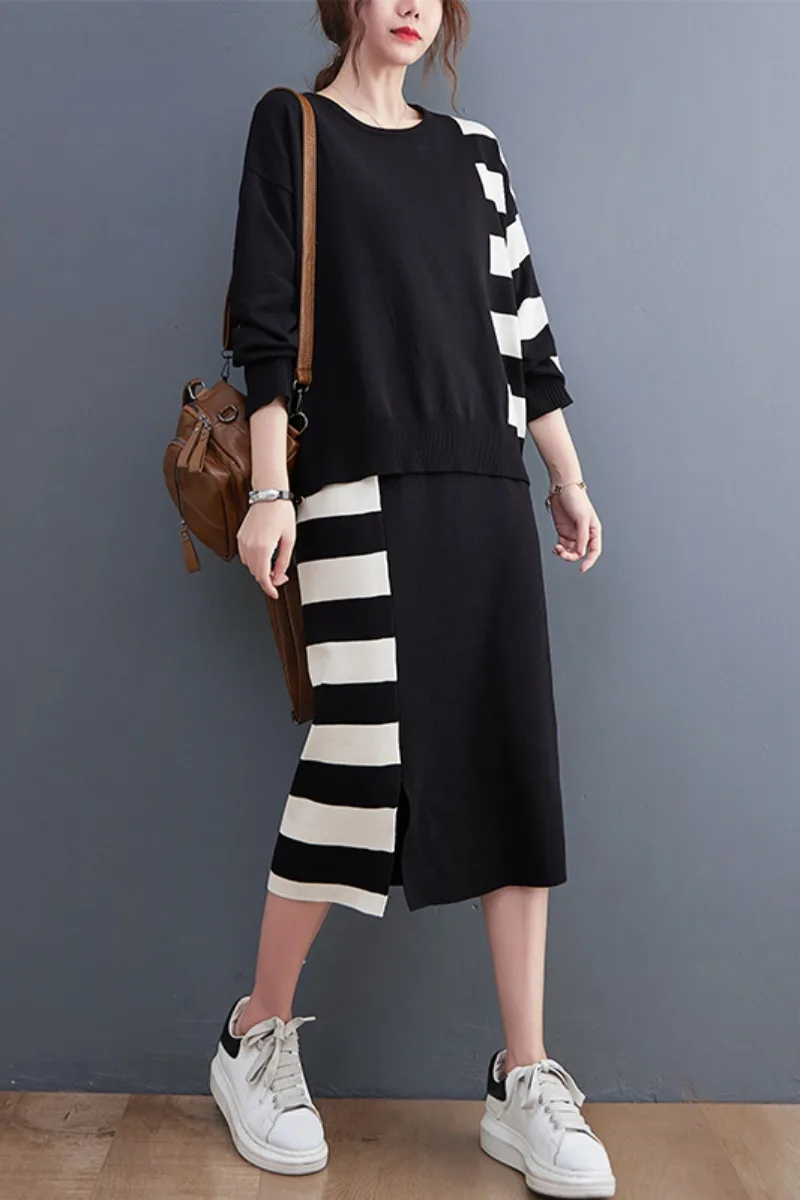 Осенне-зимний женский костюм с юбкой Модные трикотажные пуловеры круглым