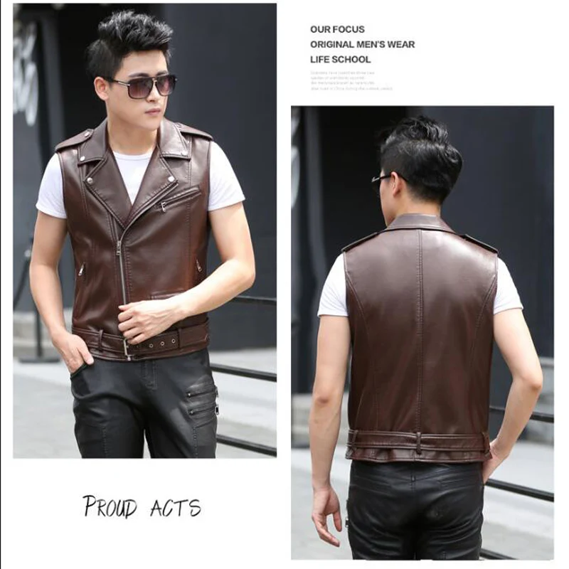 

Jacket Men PU Leather Vest Jacket Locomotive Vest Rock Tide Male Top Fashion New Men Clothes 2019 Streetwear Male Clothing
