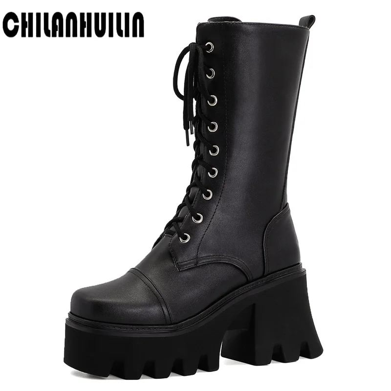 

black pu leather gothic boots woman chunky high heel chain platform riding boots female punk style lace-up ankle boots for women