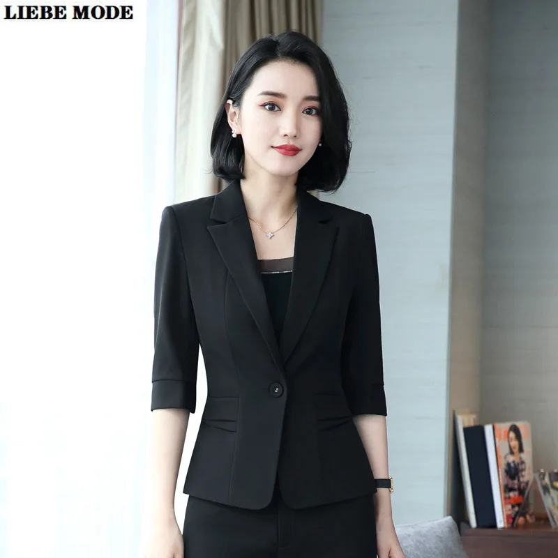 

Office Summer Clothes Women Black Navy Blue Skirt Suits Ladies Formal Wear Two Piece Short Sleeve Blazer and Skirt Set Uniform