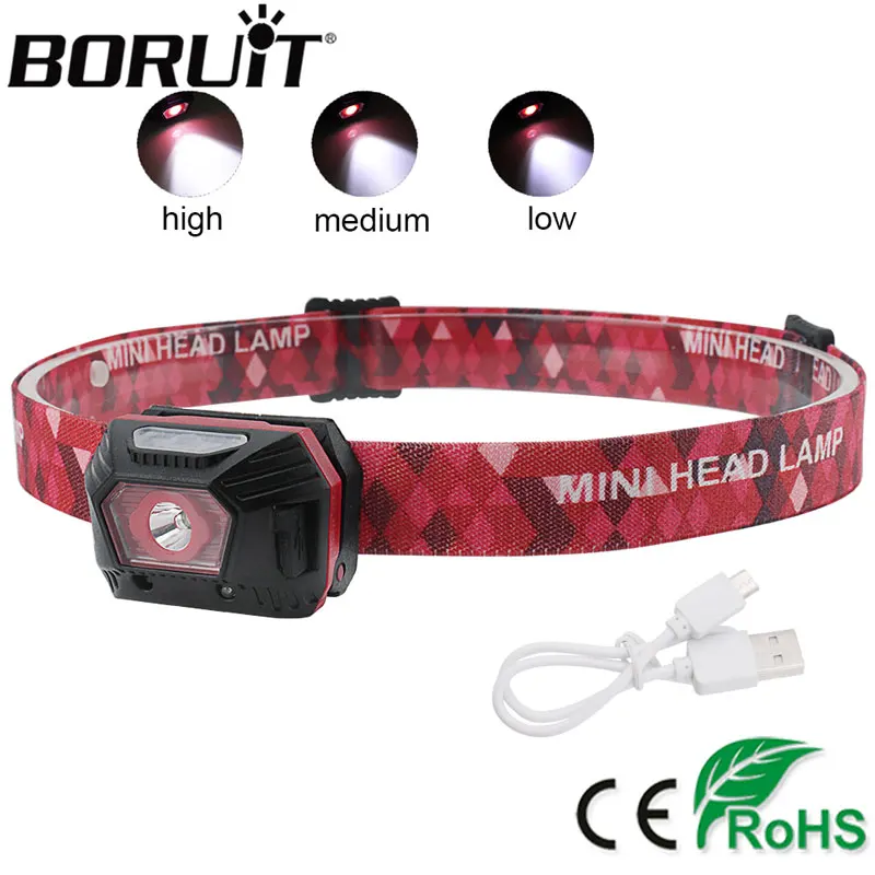 

BORUiT B31 LED Mini Headlamp 3-Mode Body Motion Sensor Headlight USB Rechargeable Waterproof Head Torch Camping Hunting