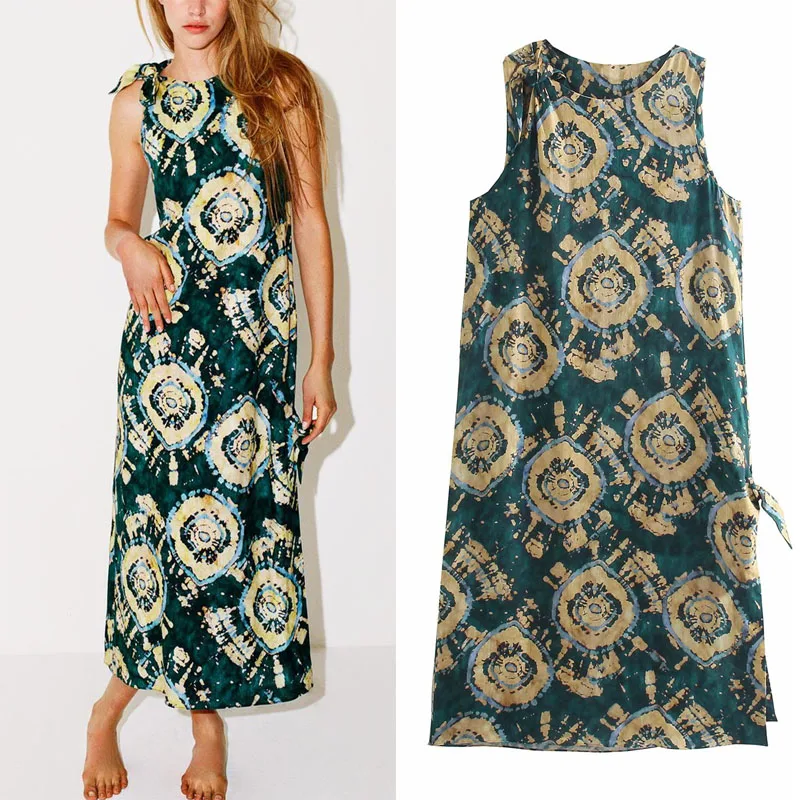 

Платье женское длинное с принтом Za, зеленое винтажное приталенное Повседневное платье без рукавов, с открытыми плечами, завязкой и бантом, с...