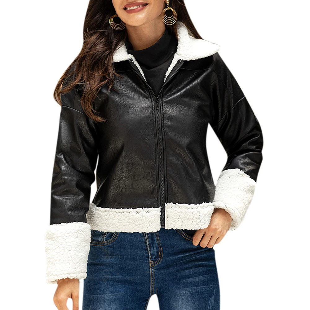 

VICABO Winter PU Faux Leather Jacket Black White Patchwork Long Sleeve Zipper Fly Short Outwear Turn-Down Neck Thick Warm Coats