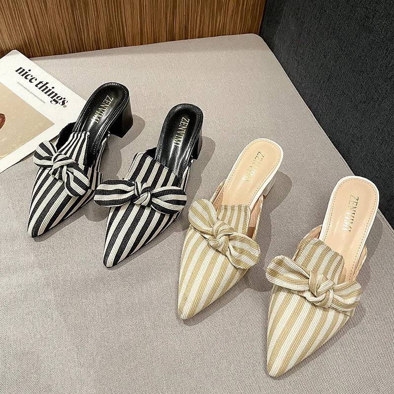 

Women's Slippers 2021 Summer Women's Shoes Korean Silk satin Pointed Bow Tie Slippers Baotou Flat Heel Sets Semi Slippers
