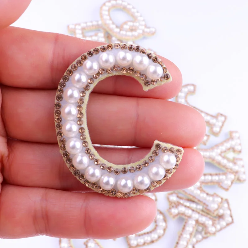 

A-Z Pearl Yellow Rhinestone English Letter Alphabet Sew Iron On Patch Badge 3D Handmade Letters Patches Bag Hat Applique DIY