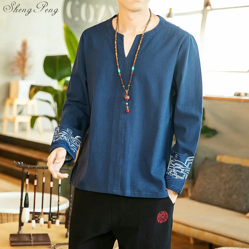 

M-5XL Plain Color Autumn Long Sleeve Traditional Chinese Blouse V-Neck Traditional Chinese Clothing For Men Shirt V1817