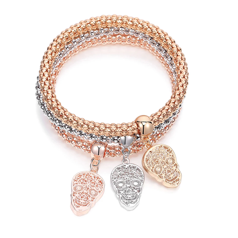 

Mix Color Popcorn Chain Bracelets for Women 3D Skull Crystal Charm 2020 Fashion Jewelry Gift Elastic Adjustable Bracelet