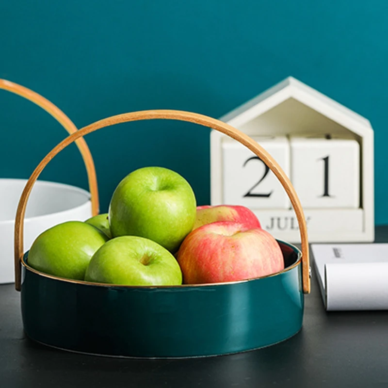 Creative Ceramic Dry Fruit Dessert Snack Tray with Bamboo Handle Home Compartment Bowl Living Room 4 Grid Storage Basket | Дом и сад