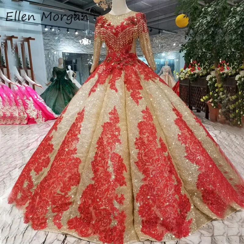 Яркие блестящие золотые платья с длинными рукавами для выпускного вечера