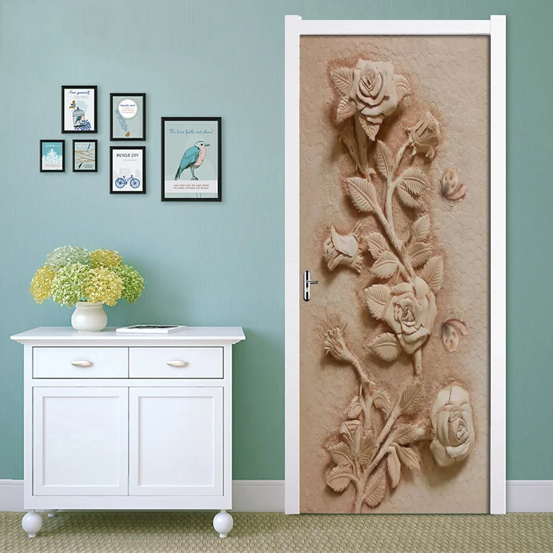 DIY Наклейка на дверь 3D рельефная Роза роспись бабочками для гостиной спальни