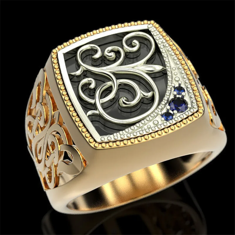 

BAOSHINA Vintage Pattern inlaid Blue Rhinestones Ring For Men Women Party Fashion Jewelry Unisex Hand Accessories Size 6-13