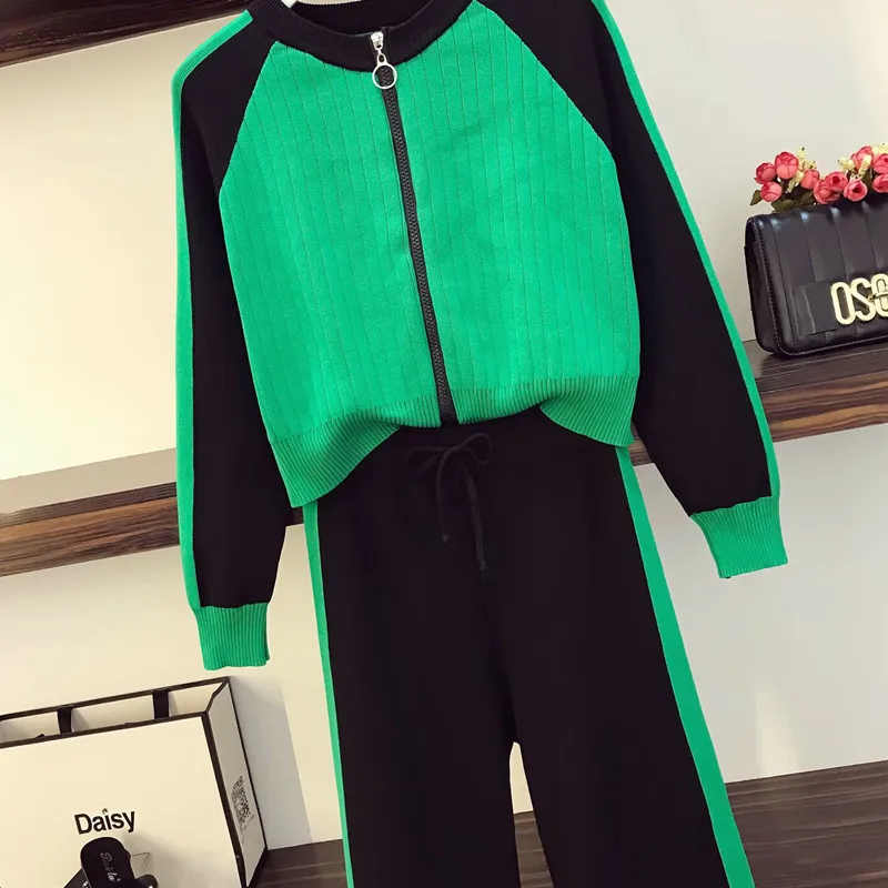 Женский свитер костюм зеленый вязаный кардиган пальто и черные штаны комплект из