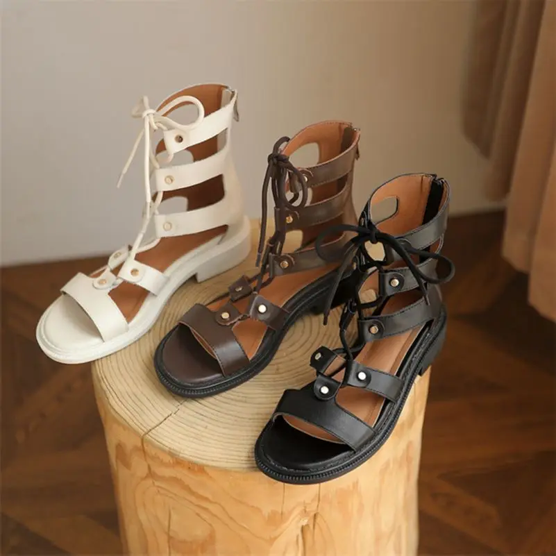 

ANNYMOLI Gladiator Sandals Shoes Women Real Leather Sandals Med Heel Sandals Round Toe Shoes Chunky Heel Ladies Footwear Summer