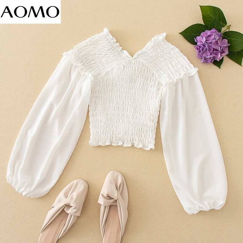 

AOMO women retro white v neck cross pleated crop shirt long sleeve 2020 chic female sexy slim shirt tops QJ171A