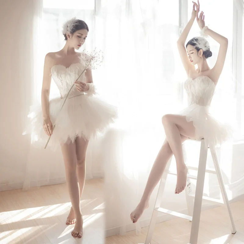 Dvotinst Women Photography Props Ballet Princess Feather Mini Dress Headband Photography Tank Dresses Accessories Photo Props