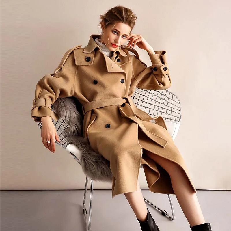 

New Woolen Double Sided Cashmere Coat Tweed Jacket Temperament Bag Buckle Version Windbreaker Outwear Long Loose Wool Coat Women