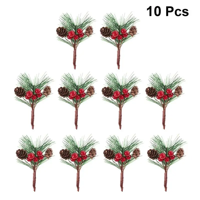 10Pcs Mini Simulation Christmas Pine Picks Stems Artificial Creative Needle Berry Plant for Xmas Party Home Decor | Дом и сад