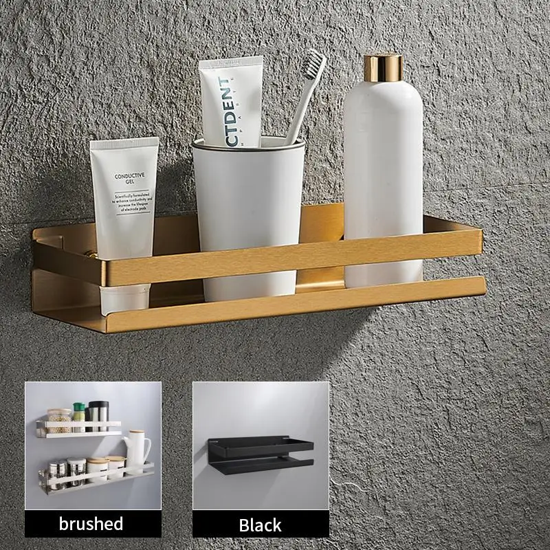 

Matte Gold Aluminum Bathroom Shampoo Cosmetic Shelves Kitchen Wall Mounted Toilet Shower Shelves Accessories