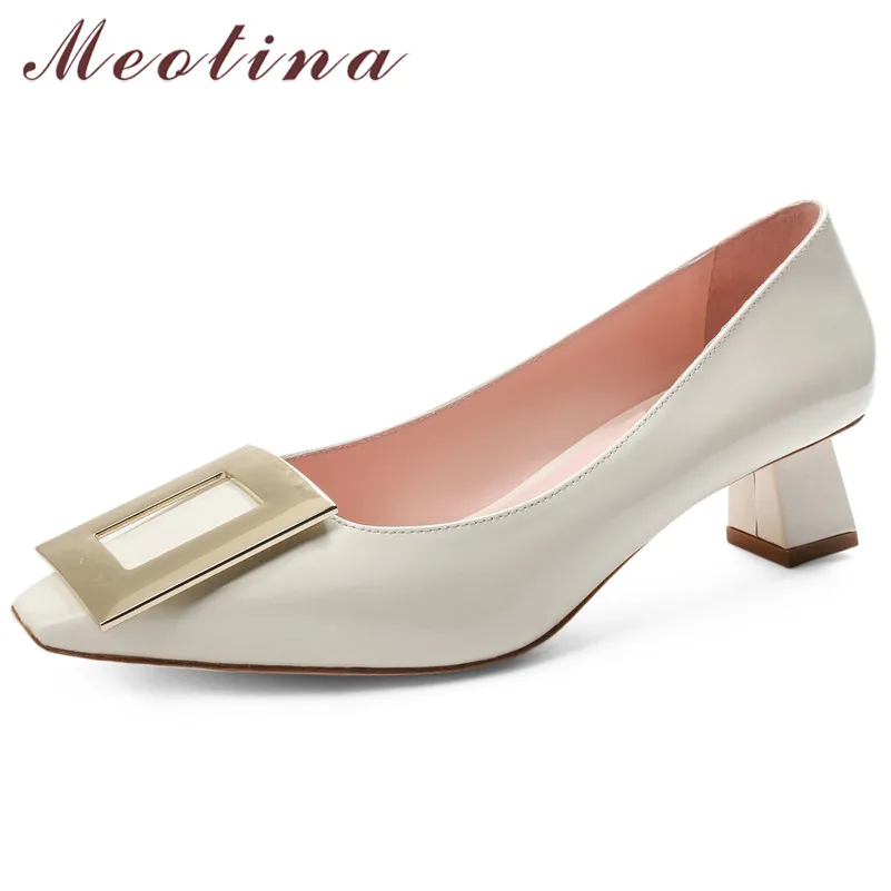 

Meotina High Heels Women Shoes Natural Genuine Leather Block Heels Shoes Real Leather Buckle Square Toe Pumps Ladies Size 34-39
