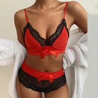 sexy lace bra straps pajamas women two piece elegant v neck sleeveless tops and thong suits female fashion bowknot sleepwears