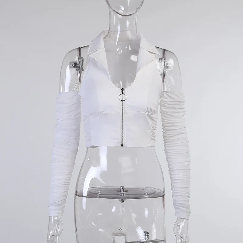 

Sexy Solid Mesh Woven Zipper Crop Top Long Sleeve Patchwork T-shirt Woman 2021 Spring Casual Streetwear Cold Shoulder Punk Top