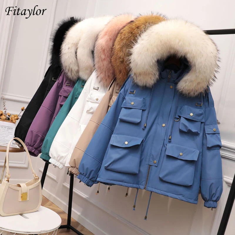 

Fitaylor Real Raccoon Fur Hooded Parkas Women Down Coat Winter Jacket White Duck Down Warm Parka Thick Warm Coat Outerwear