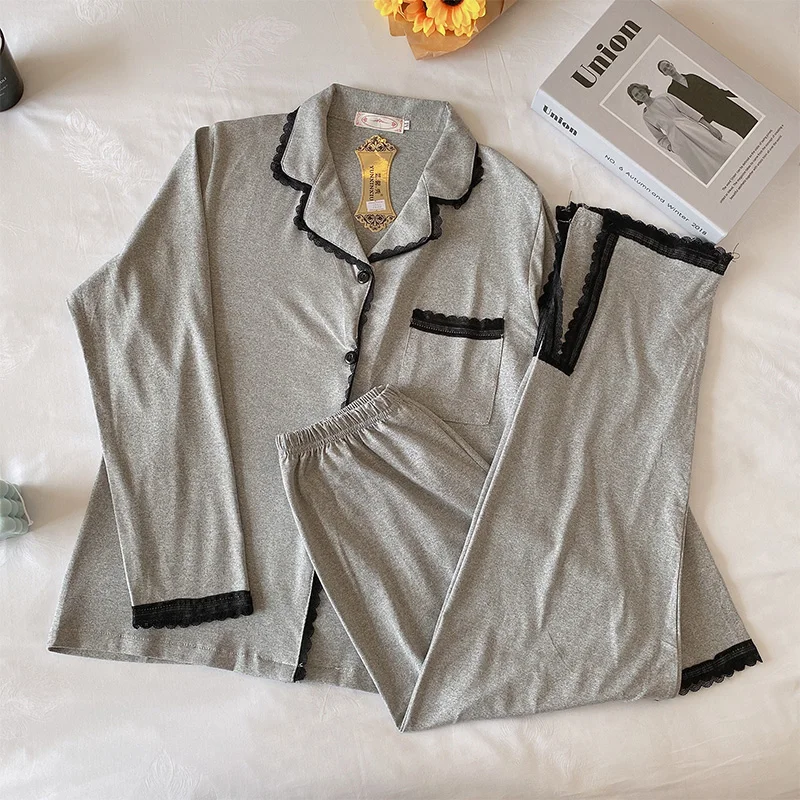 

Comely Ruffled Pajamas Women's Spring and Autumn Gray, Long Sleeve Cardigan Suit Korean Thin Summer and Winter Homewear Can Be