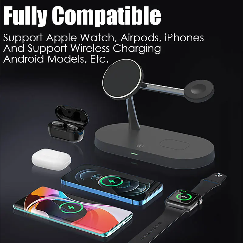

15w 3 in 1 Qi Magnetic Wireless Charger Dock Stand For iWatch AirPods iPhone 12 Series Magsafe Mobile Phone Fast Charger Holder