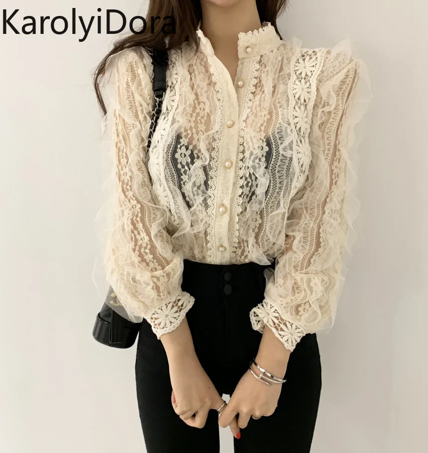 Весна 2020 Новое поступление Женская кружевная рубашка с крючками и цветами