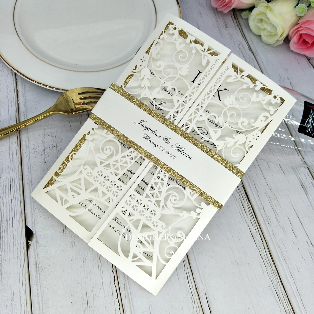 Свадебные пригласительные открытки с лазерной гравировкой в виде башни золотой
