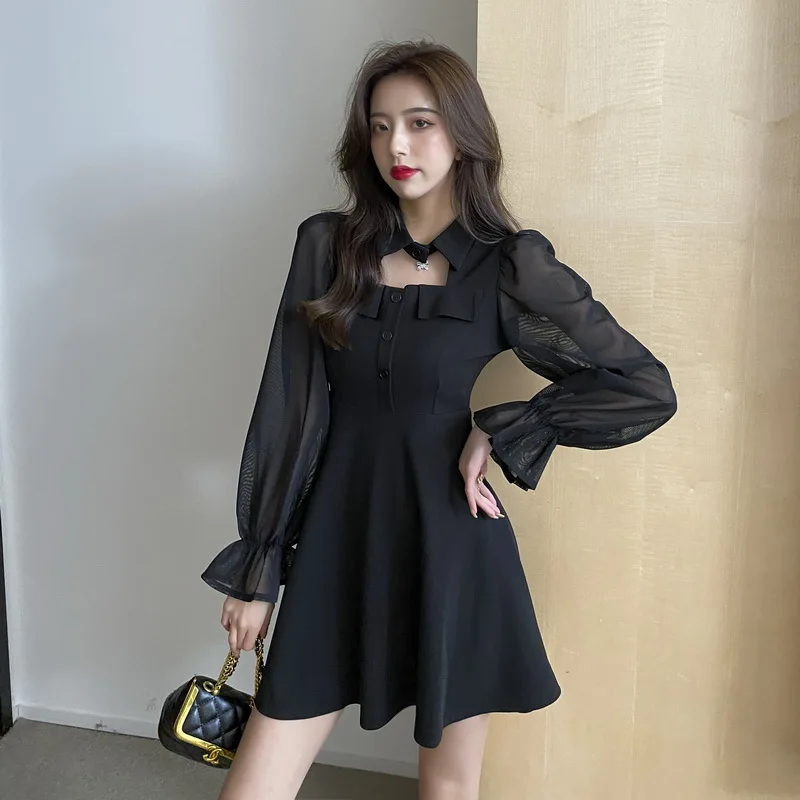 

Vintage Korean Style Maxi Dresses for Women Party Temperament Sweet Mesh Polo Collar Long Sleeve Woman Dress Black Autumn 2021