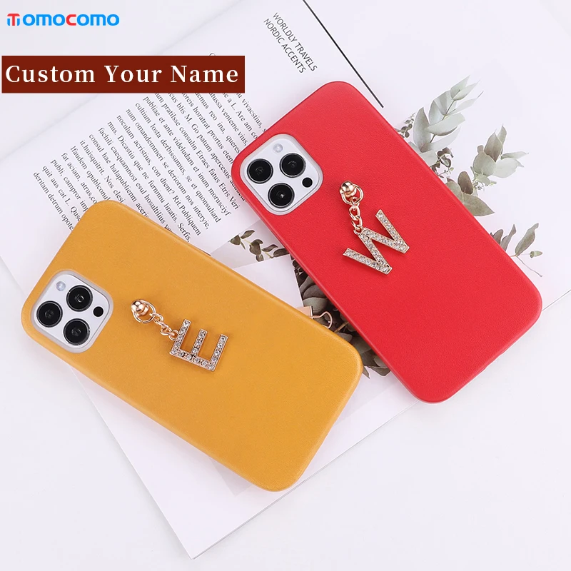 

Personalization Name PU Leather Cowhide Phone Case For iPhone 11 12 Pro Mini Max X XR XS 7 8Plus Pendant Metal Letters Cover