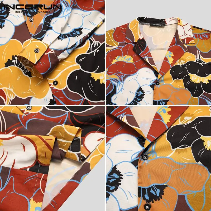 

Men Long Sleeve Lapel Neck Camisa INCERUN Ethnic Style Print Shirts Casual Buttons Floral Blouse Man Holiday Comfy Chemise 5XL 7