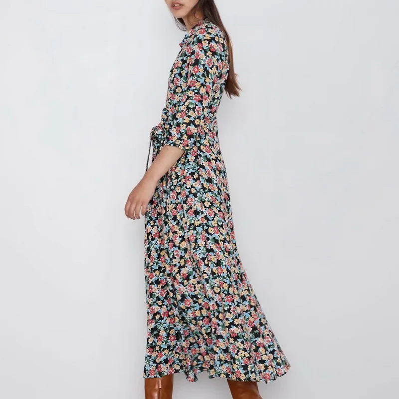 Винтажное женское Цветочное платье осень 2019 новая одежда пояса длиной до