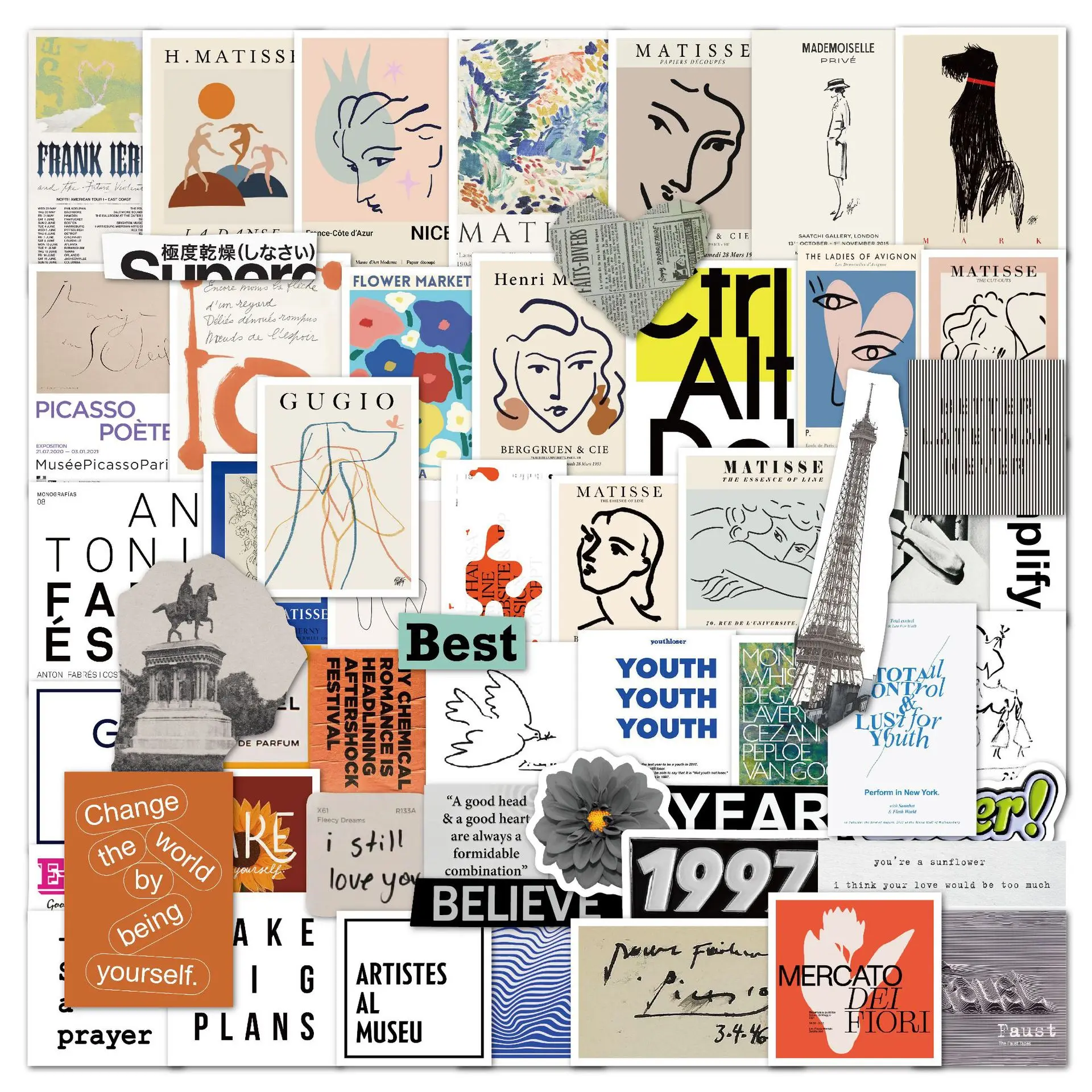 

10/30/50pcs French Pop Art Collage Hand Account Window Wall Water Cup Trolley Popular Sticker Notebook Tablet Mobile Phone