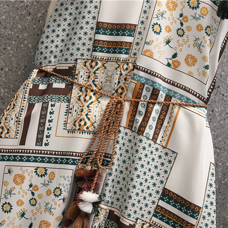 

Sun Protection Shirt Single Breasted Long Sleeve White Tops + Ethnic Style Spaghetti Strap Print Dress 2 Piece Set Women's Suits