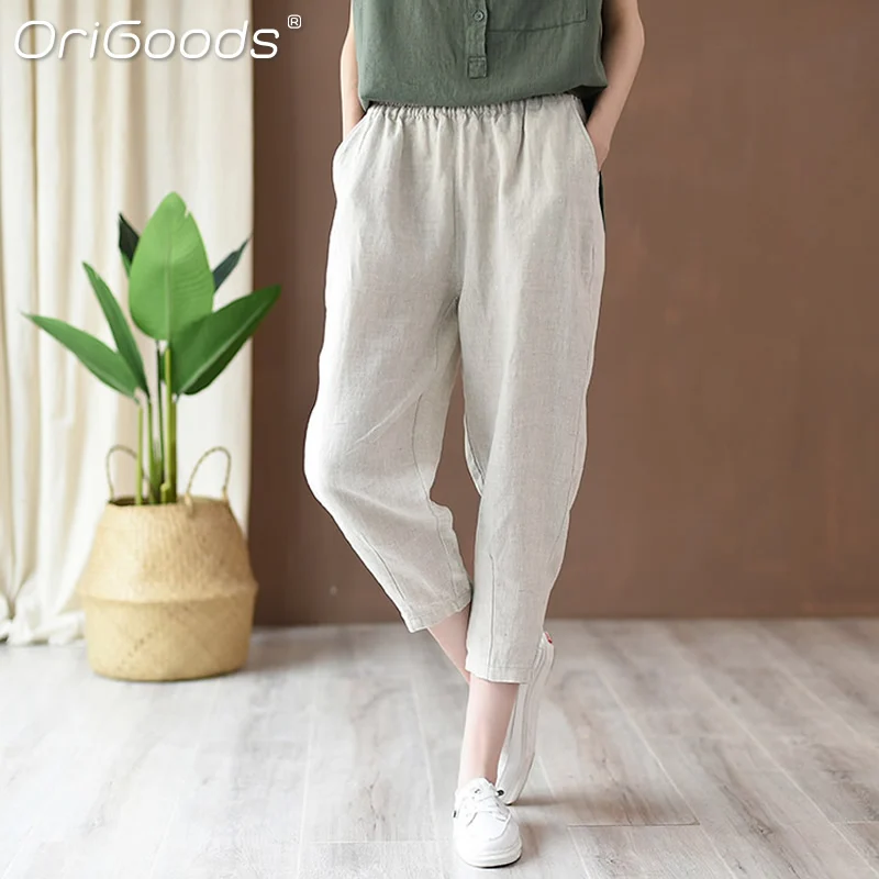 OriGoods летние укороченные штаны для женщин однотонные розовые коричневые бежевые