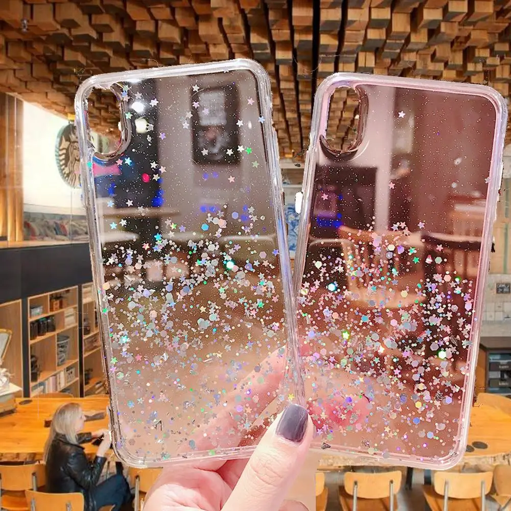 Блестящий чехол с блестками для Iphone 13 12 Mini 11 Pro XS MAX X XR прозрачный со звездой iphone SE 8