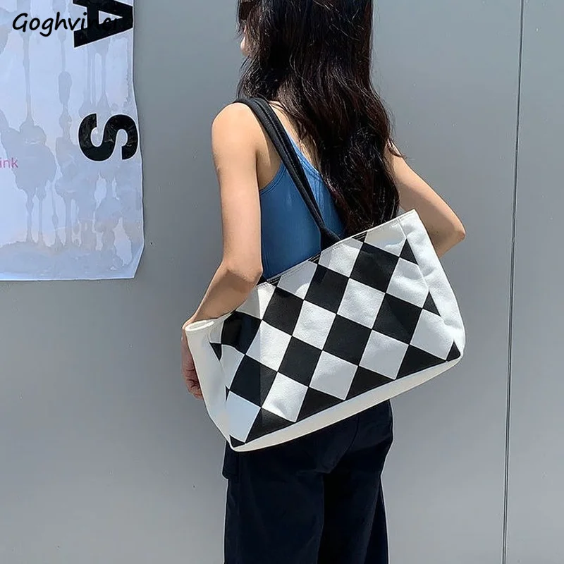 

Shoulder Bags Women Plaid Simple Fashion Handbags Large Capacity Canvas Shopping Tote Travel Bag Students All-match Streetwear