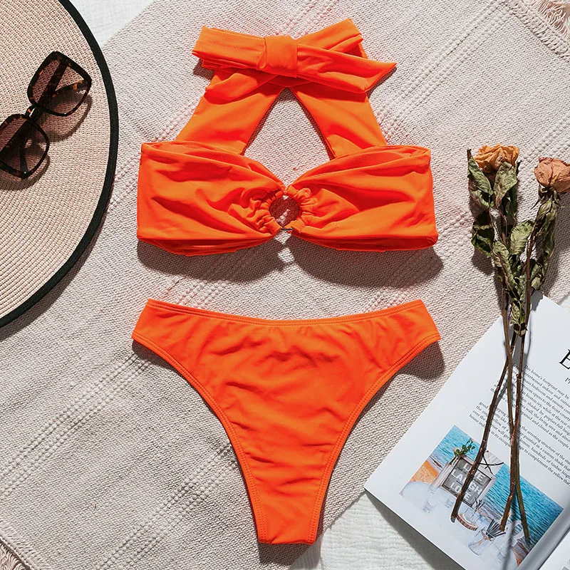 Женский купальник бикини In-X оранжевый с высокой горловиной и пуш-ап летний