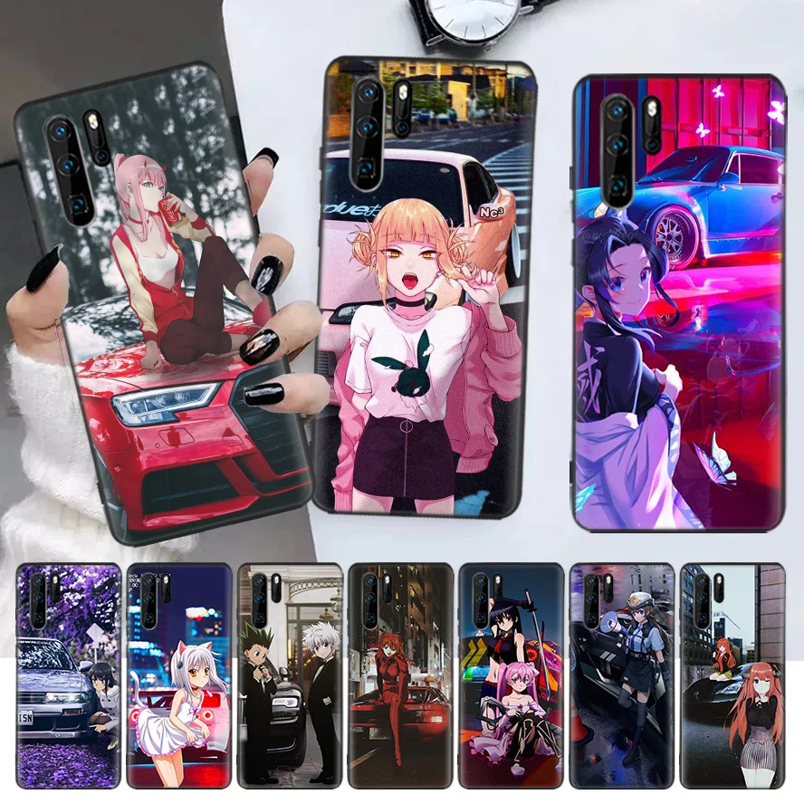 

Sports Car Cute Anime Girl Black Phone Case For Huawei P30 Lite P20 Pro P40 P10 Mate 20 40 30 10 P Smart Z Plus Pattern Cover