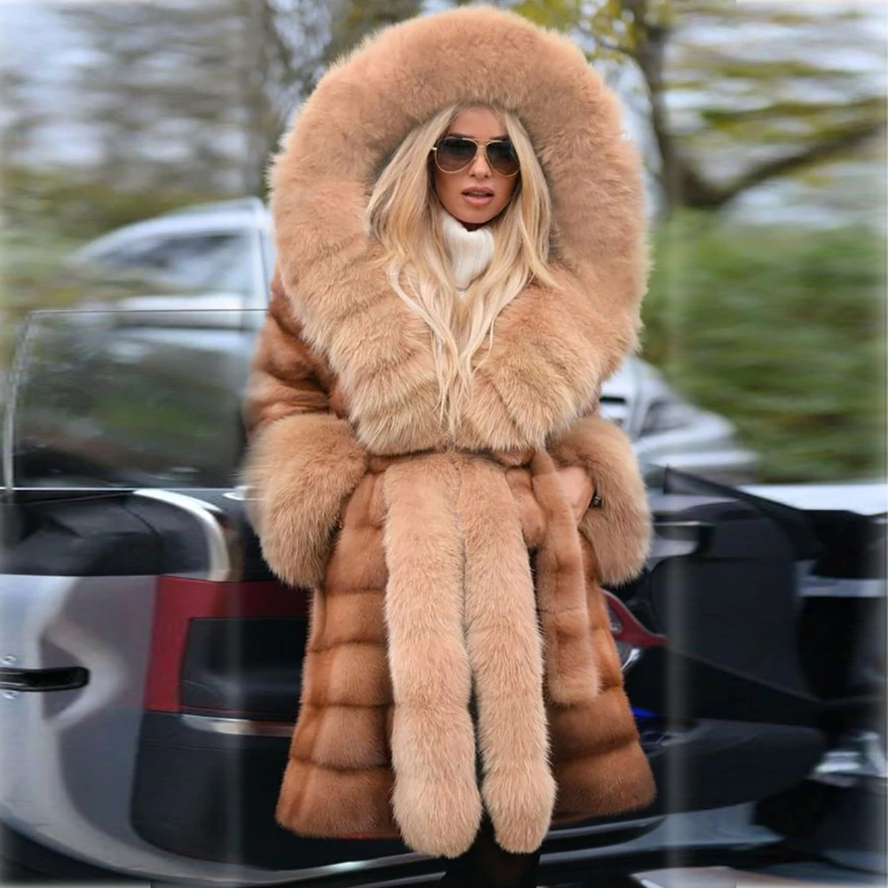 Luxury Fashion Women Genuine Mink Fur Coat Long With Big Hood Natuarl Full Pelt Real Mink Fur Jacket With Fox Fur Collar Cuff